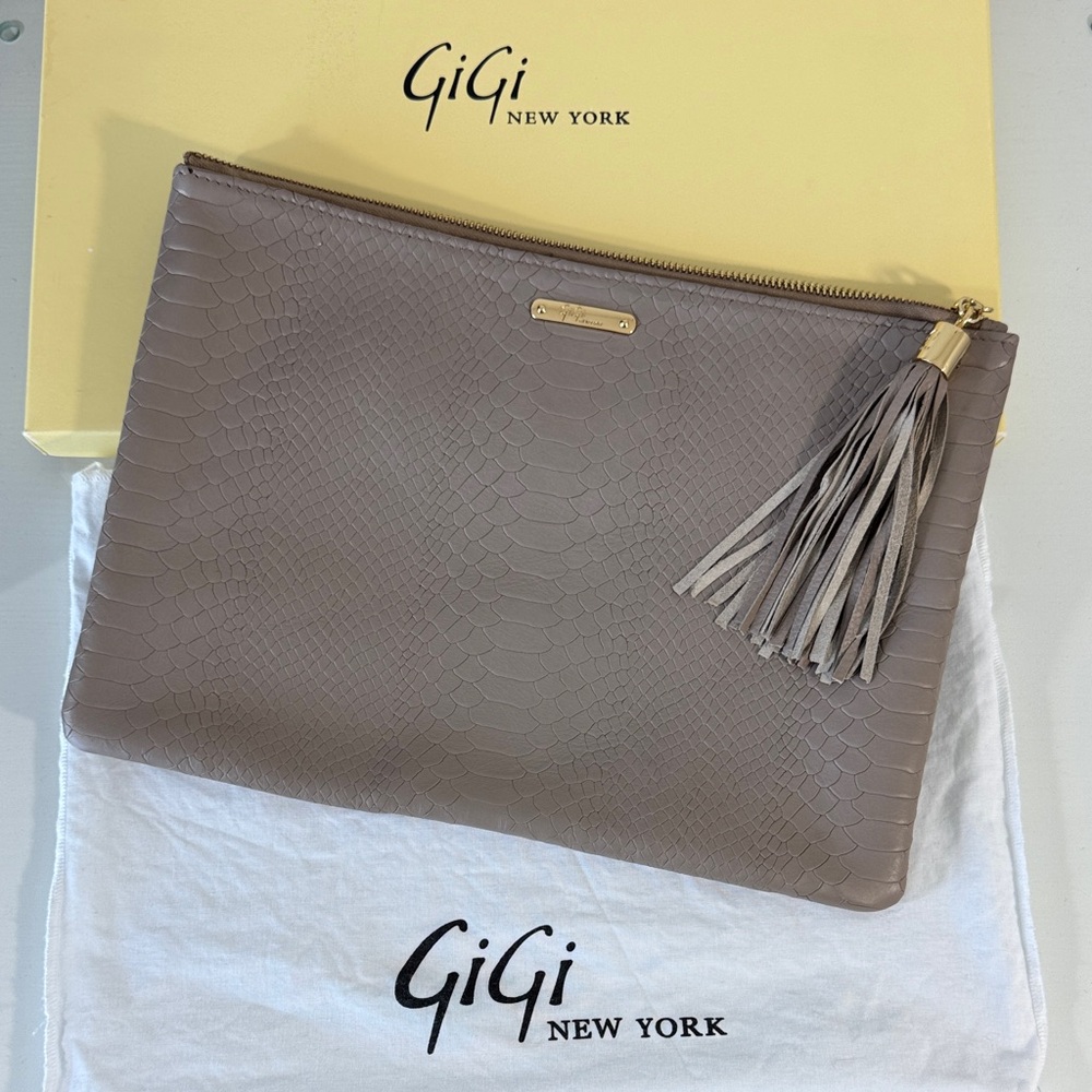 GiGi New York Python-Embossed Taupe Large Clutch 13x9